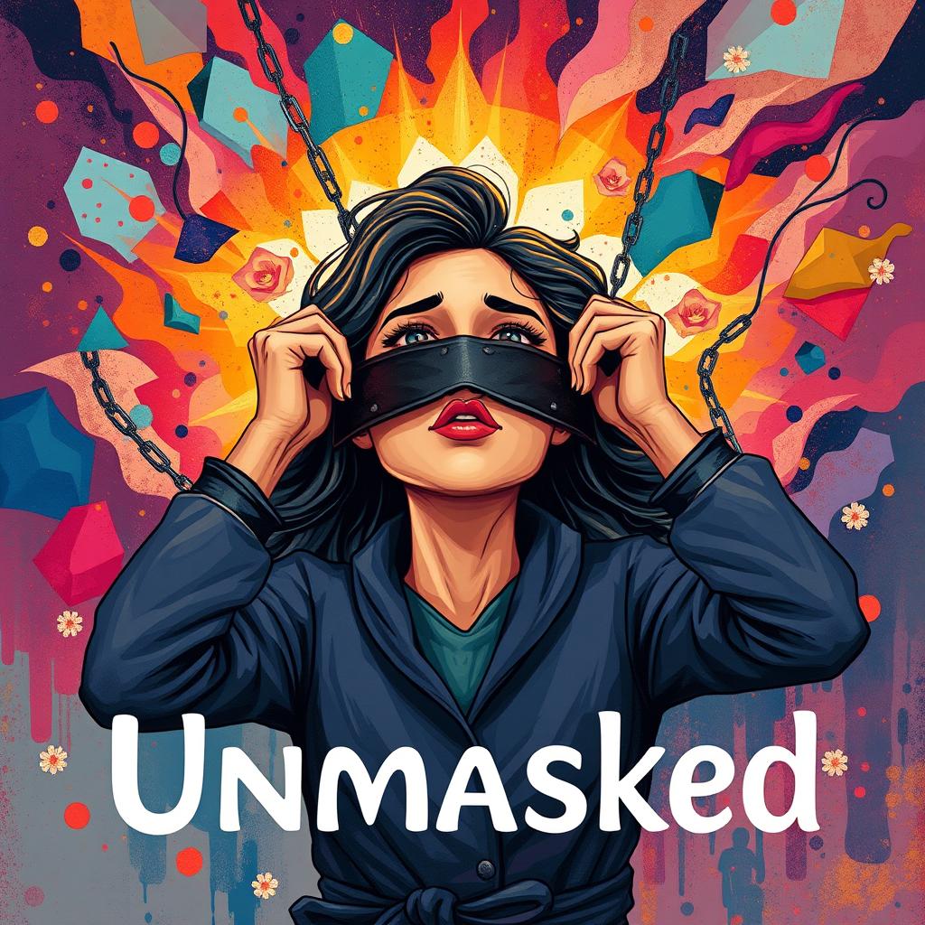 An evocative and empowering illustration titled 'Unmasked', focusing on a woman triumphantly unmasking herself to symbolize her journey in managing ADHD and overcoming trauma