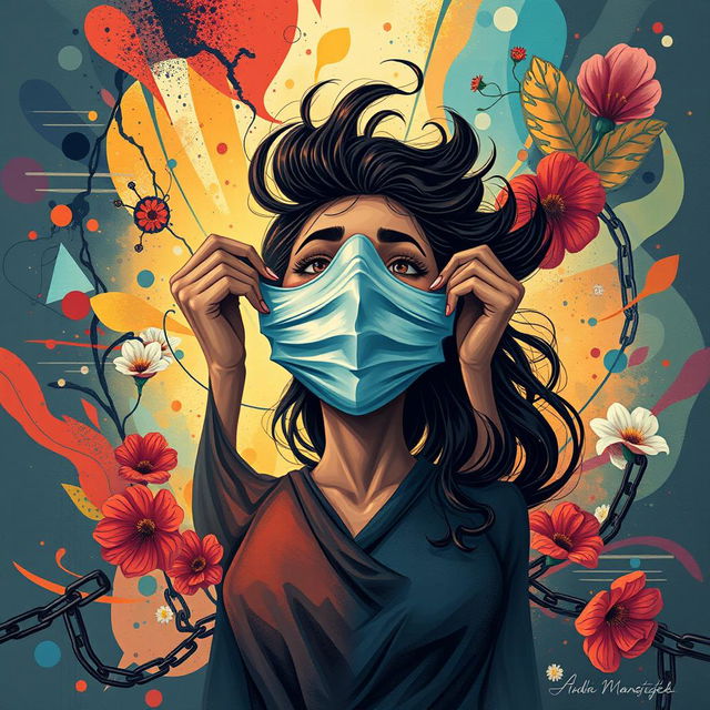 An evocative and empowering illustration titled 'Unmasked', focusing on a woman triumphantly unmasking herself to symbolize her journey in managing ADHD and overcoming trauma