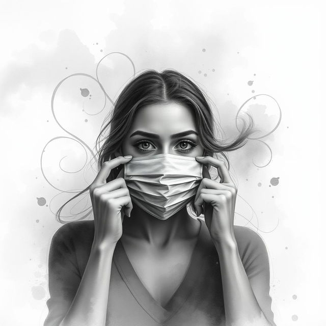 A striking grayscale artwork titled 'Unmasked', illustrating a woman in the poignant moment of unmasking herself to symbolize her journey of managing ADHD and overcoming trauma