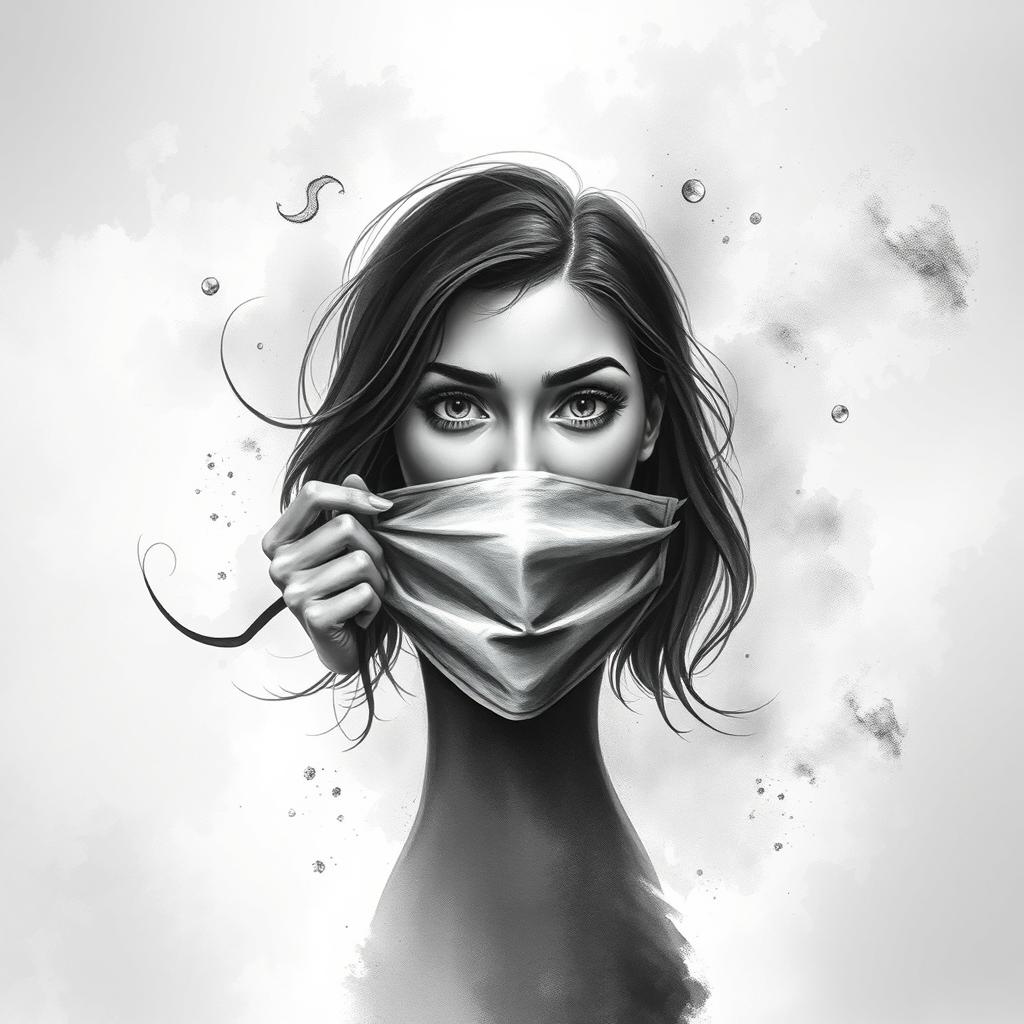 A striking grayscale artwork titled 'Unmasked', illustrating a woman in the poignant moment of unmasking herself to symbolize her journey of managing ADHD and overcoming trauma