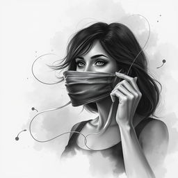 A striking grayscale artwork titled 'Unmasked', illustrating a woman in the poignant moment of unmasking herself to symbolize her journey of managing ADHD and overcoming trauma