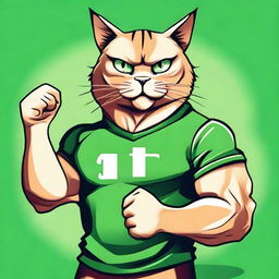 An impressively muscular cat sporting a green T-shirt, proudly flexing its muscles