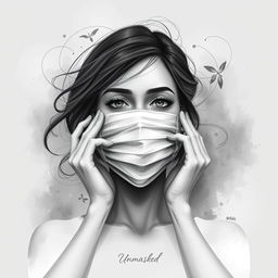 A striking grayscale artwork titled 'Unmasked', illustrating a woman in the poignant moment of unmasking herself to symbolize her journey of managing ADHD and overcoming trauma