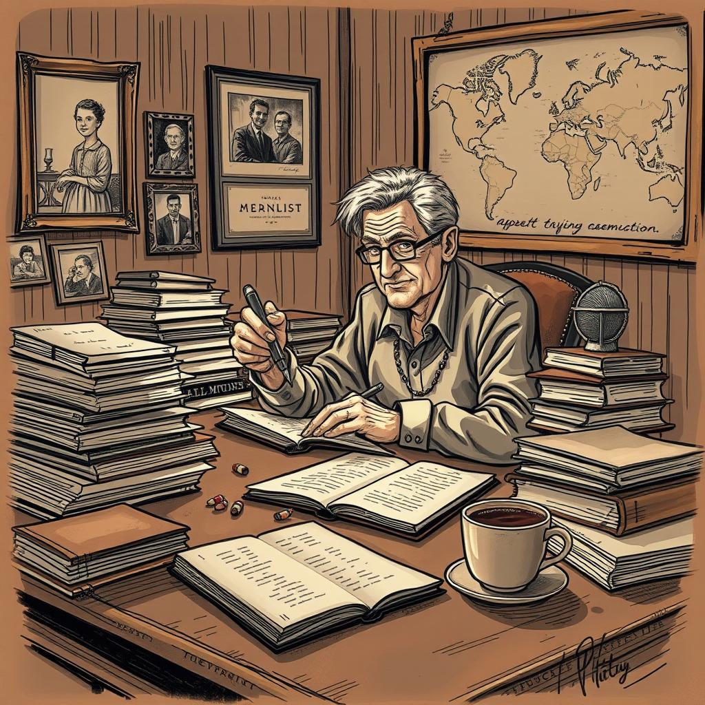 A detailed sketch of a memoirist sitting at a vintage writing desk, surrounded by stacks of papers and books that represent a lifetime of experiences with various forms of discrimination