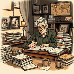 A detailed sketch of a memoirist sitting at a vintage writing desk, surrounded by stacks of papers and books that represent a lifetime of experiences with various forms of discrimination