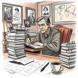 A detailed sketch of a memoirist sitting at a vintage writing desk, surrounded by stacks of papers and books that represent a lifetime of experiences with various forms of discrimination