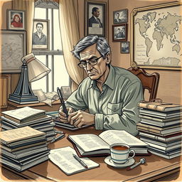 A detailed sketch of a memoirist sitting at a vintage writing desk, surrounded by stacks of papers and books that represent a lifetime of experiences with various forms of discrimination