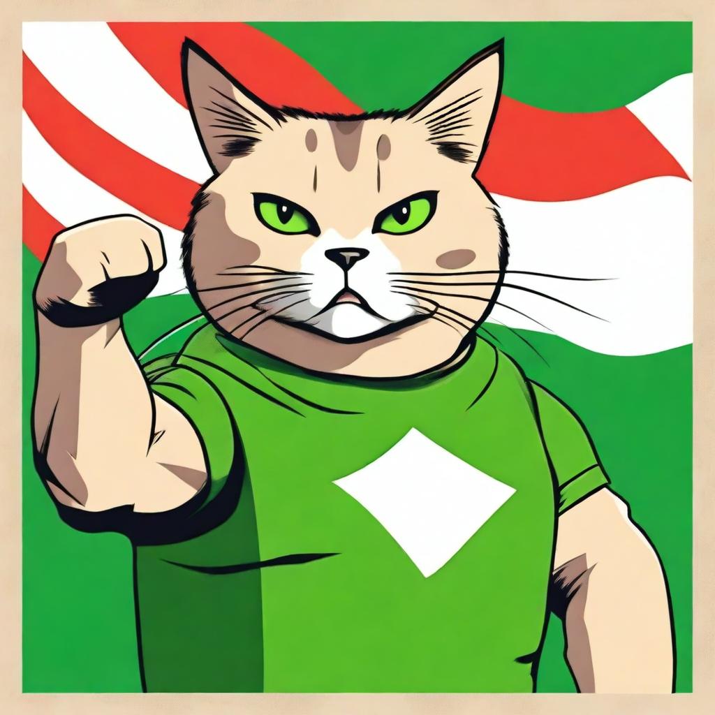 A bulky cat displaying his muscles in a green T-shirt, against the backdrop of a waving Russian flag