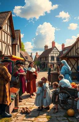 A vibrant, historical scene set in the year 1688, showcasing a bustling marketplace in an English town