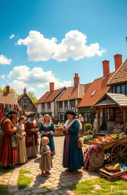 A vibrant, historical scene set in the year 1688, showcasing a bustling marketplace in an English town