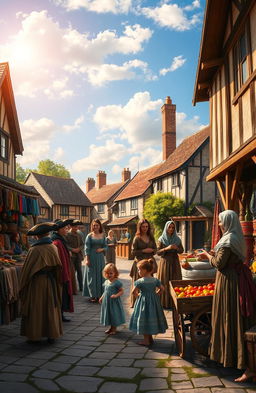 A vibrant, historical scene set in the year 1688, showcasing a bustling marketplace in an English town
