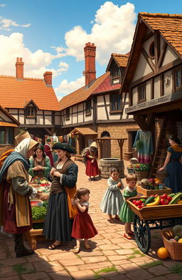 A vibrant, historical scene set in the year 1688, showcasing a bustling marketplace in an English town