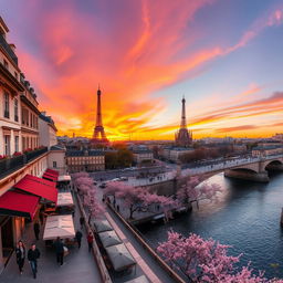 A stunning panoramic view of Paris showcasing its iconic landmarks such as the Eiffel Tower, Notre-Dame Cathedral, and the Seine River