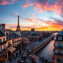 A stunning panoramic view of Paris showcasing its iconic landmarks such as the Eiffel Tower, Notre-Dame Cathedral, and the Seine River