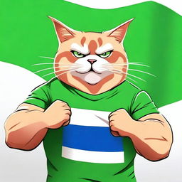 A bulky cat displaying his muscles in a green T-shirt, against the backdrop of a waving Russian flag