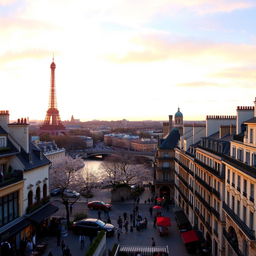 A stunning panoramic view of Paris showcasing its iconic landmarks such as the Eiffel Tower, Notre-Dame Cathedral, and the Seine River