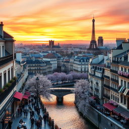 A stunning panoramic view of Paris showcasing its iconic landmarks such as the Eiffel Tower, Notre-Dame Cathedral, and the Seine River
