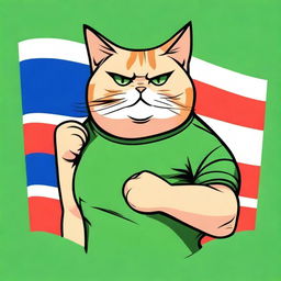 A bulky cat displaying his muscles in a green T-shirt, against the backdrop of a waving Russian flag