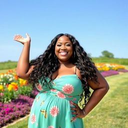 A beautiful BBW (Big Beautiful Woman) confidently posing in a vibrant outdoor setting, adorned in a stylish summer dress that accentuates her curves