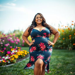 A beautiful BBW (Big Beautiful Woman) confidently posing in a vibrant outdoor setting, adorned in a stylish summer dress that accentuates her curves