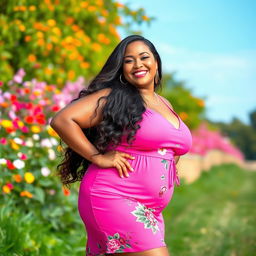 A beautiful BBW (Big Beautiful Woman) confidently posing in a vibrant outdoor setting, adorned in a stylish summer dress that accentuates her curves