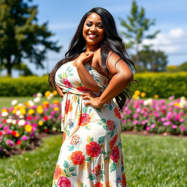 A beautiful BBW (Big Beautiful Woman) confidently posing in a vibrant outdoor setting, adorned in a stylish summer dress that accentuates her curves