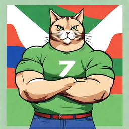 A bulky cat displaying his muscles in a green T-shirt, against the backdrop of a waving Russian flag