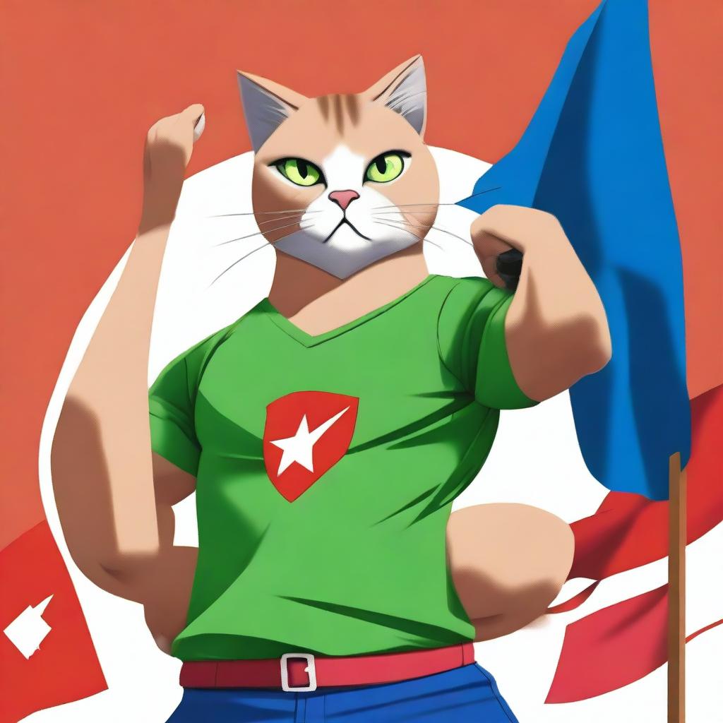 A muscular cat, clad in a green t-shirt, flexing its muscles proudly