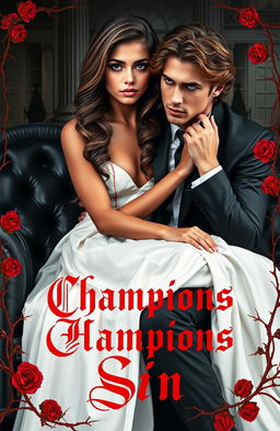 In the upper half of a book cover, a stunning girl with high cheekbones, cascading brown curls, rich dark skin, and expressive brown eyes sits gracefully on an elegant black quilted sofa
