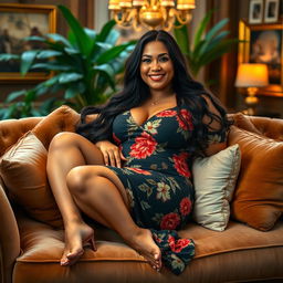A stunning SSBBW (Super Sized Big Beautiful Woman) reclining gracefully on a luxurious velvet sofa