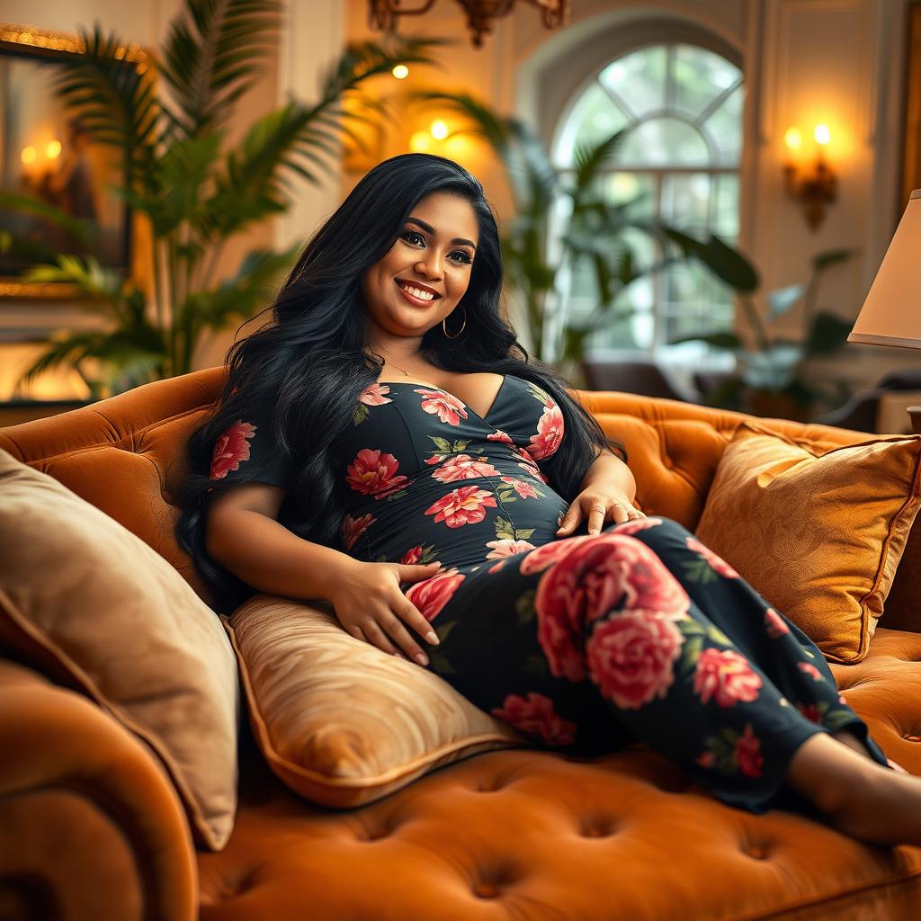 A stunning SSBBW (Super Sized Big Beautiful Woman) reclining gracefully on a luxurious velvet sofa