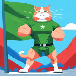 A muscular cat, clad in a green t-shirt, flexing its muscles proudly