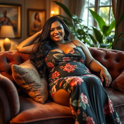 A stunning SSBBW (Super Sized Big Beautiful Woman) reclining gracefully on a luxurious velvet sofa