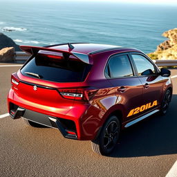 A modern Maruti Suzuki Baleno 2023 featuring a striking rear spoiler inspired by the Lamborghini Evo STO