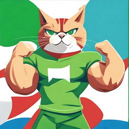 A muscular cat, clad in a green t-shirt, flexing its muscles proudly