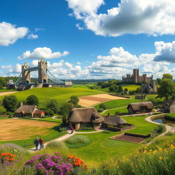 A captivating landscape showcasing the diverse beauty of England, featuring iconic landmarks such as the Tower Bridge, Stonehenge, and the rolling hills of the Cotswolds