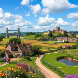 A captivating landscape showcasing the diverse beauty of England, featuring iconic landmarks such as the Tower Bridge, Stonehenge, and the rolling hills of the Cotswolds