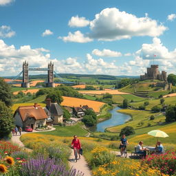 A captivating landscape showcasing the diverse beauty of England, featuring iconic landmarks such as the Tower Bridge, Stonehenge, and the rolling hills of the Cotswolds