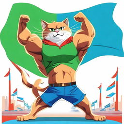 A muscular cat, clad in a green t-shirt, flexing its muscles proudly