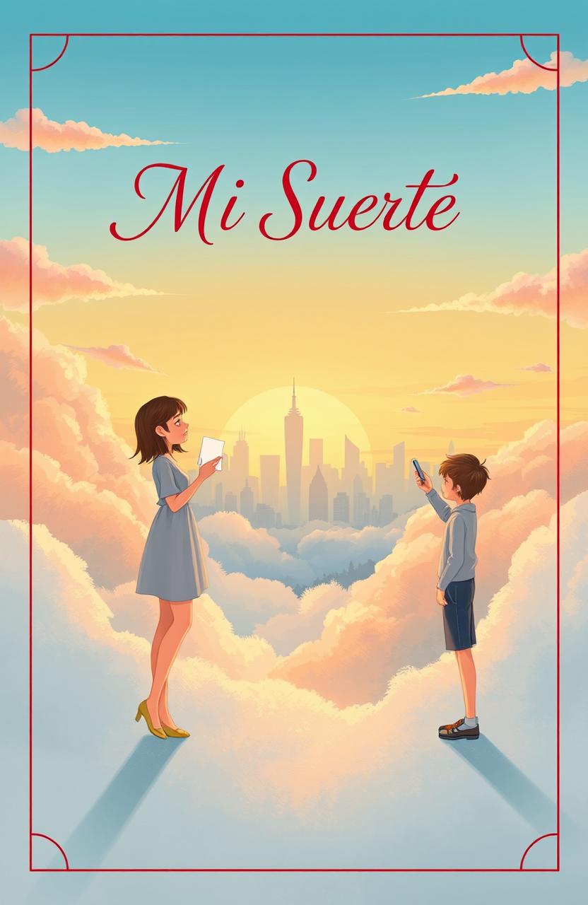 A beautifully illustrated book cover for 'Mi Suerte', depicting a long-distance relationship theme