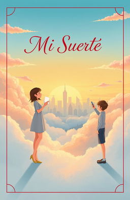 A beautifully illustrated book cover for 'Mi Suerte', depicting a long-distance relationship theme