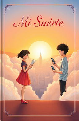 A beautifully illustrated book cover for 'Mi Suerte', depicting a long-distance relationship theme