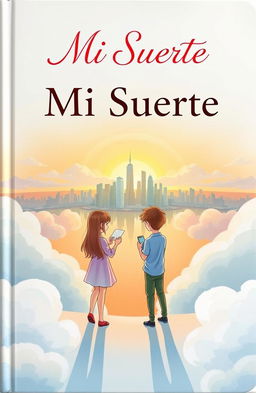 A beautifully illustrated book cover for 'Mi Suerte', depicting a long-distance relationship theme