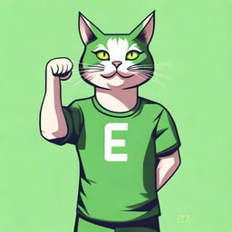 A robust cat in a green T-shirt, standing tall and flexing its muscles