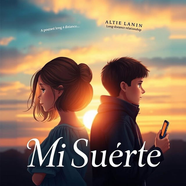 A captivating book cover for 'Mi Suerte', illustrating a poignant long-distance relationship