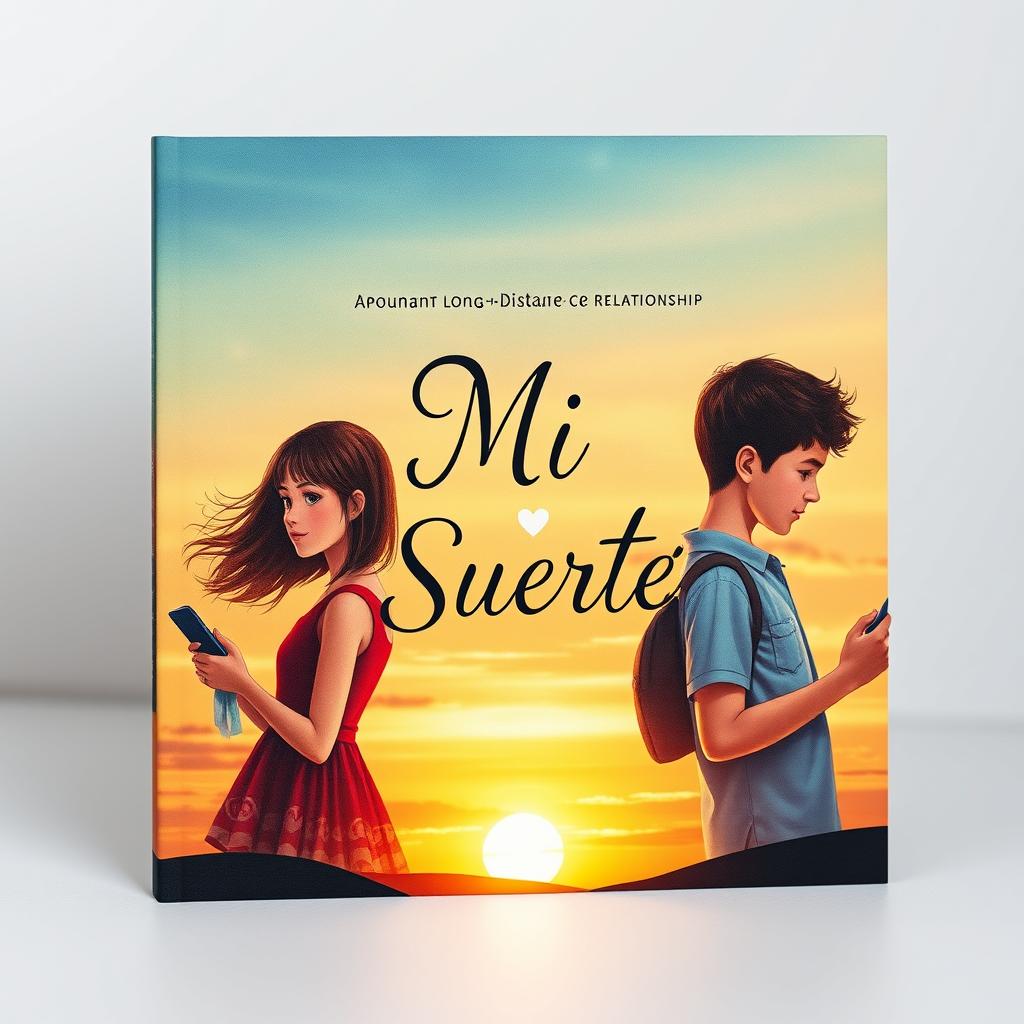 A captivating book cover for 'Mi Suerte', illustrating a poignant long-distance relationship