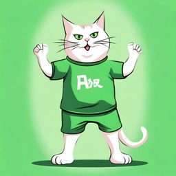 A robust cat in a green T-shirt, standing tall and flexing its muscles