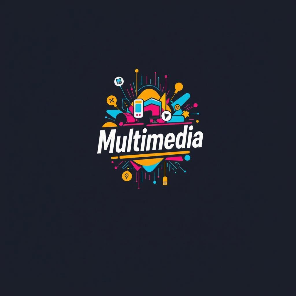 A vibrant and dynamic design featuring the word "Multimedia" prominently displayed