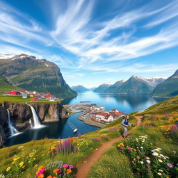 A stunning landscape that captures the majestic beauty of Norway, featuring towering fjords with steep cliffs and serene waters reflecting the sky