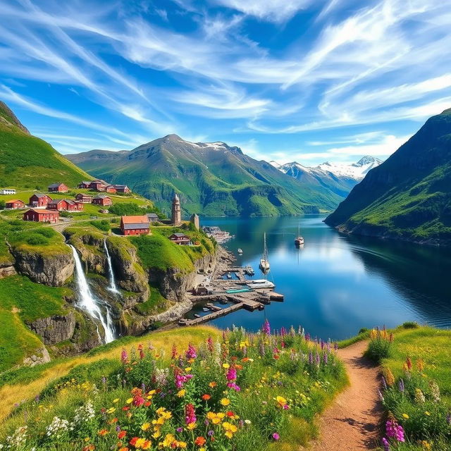 A stunning landscape that captures the majestic beauty of Norway, featuring towering fjords with steep cliffs and serene waters reflecting the sky